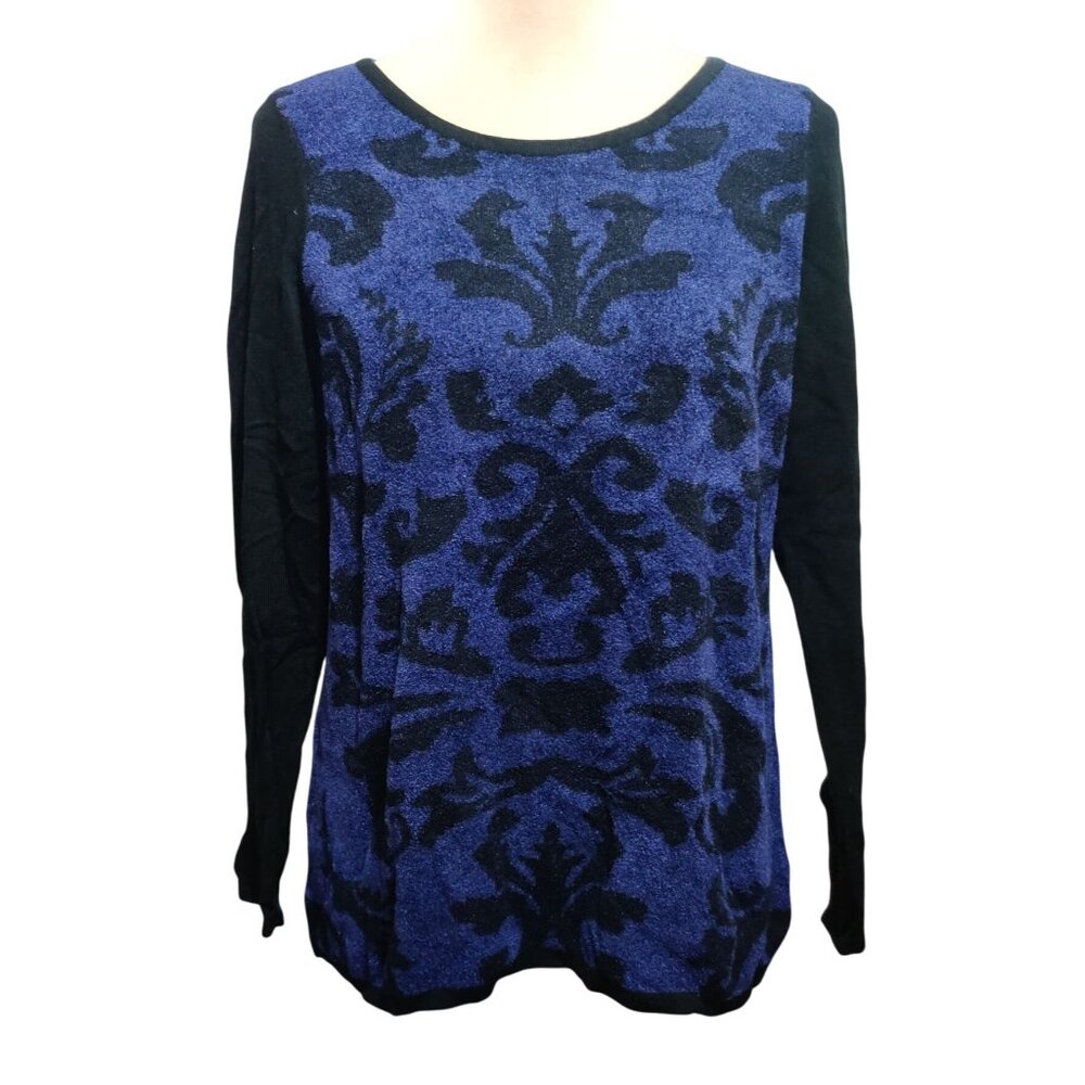 Dana Buchman M Purple Black Baroque Damask Knit Sweater Long Sleeve Pullover
